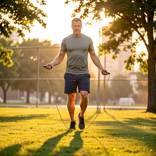 man jumping rope in park in front of fence